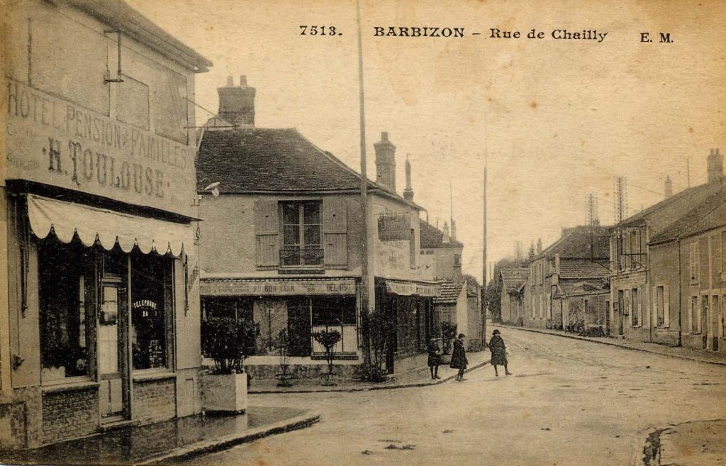 Reproduction d'une carte postale ancienne de Barbizon avec les câbles des abonnés au téléphone sur la commune.